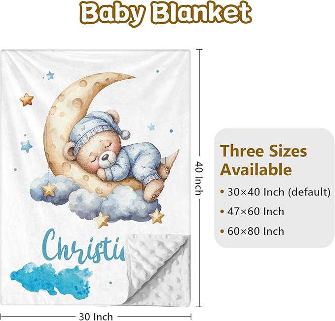 Custom Name Crib Bedding Set, 3 Pcs Personalized Baby Crib Bedding Set, Soft Blue Moon Bear Nursery Crib Sets for Boys Girls, Double Layer Toddler Bedding Set Customized Gifts for Newborn Kids