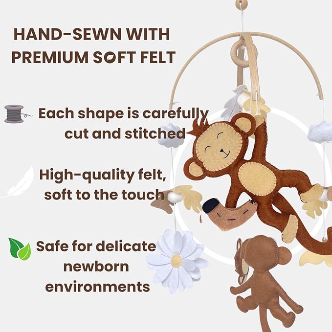 Baby Mobile – Jungle Montessori Monkey Hanging Set, Handmade Felt Safari Nursery Decor