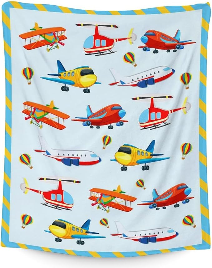 Airplane Blanket for Airplane Lovers - 50" x 60" Inches Warm Furry Throw Blanket Gift - Blue Cute Throw for Sofa, Work, Living Room
