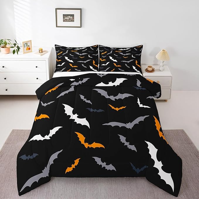 Erosebridal Gothic Halloween Decor Comforter Set King Size for Kids Boys Girls - Bats Animal Silhouette Bedding Set with 2 Pillow Cases, Orange and Grey Duvet Insert