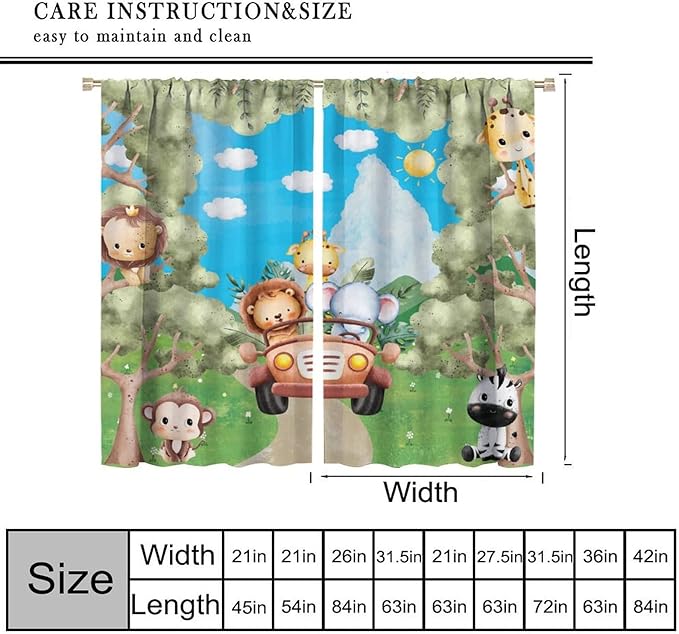 Jungle Animals Curtains, Cartoon Safari Animals Tropical Forest Leaf Blackout Window Treatments, Rod Pocket Thermal Insulated Drapes 2 Panel Sets for Kids Bedroom Nursery Classroom, 42"W X 45"L
