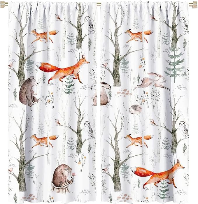 Rustic Forest Window Curtains, Watercolor Woodland Animals Owl Hedgehog Fox Butterfly Forest Squirrel and Bear Blackout Windows Door Curtain for Bedroom Living Room Home Decor 63x72in