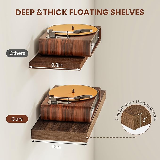 Vivelove Wide Floating Shelves for Wall 12 Inch Deep, 55" X 12" X 2" Floating Shelf, 2 Inch Thick Shelf for Living Room Bathroom Bedroom Kitchen Book Room, Rustic Farmhouse Decor Set of 2, Walnut