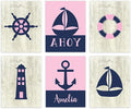 Andaz Press Personalized Girls Ocean Nautical Sailor Theme Nursery Kids Bedroom Hanging Wall Art Decor, 8.5x11-inch, Pink Navy Blue, Ahoy, Boat, 6-Pack, Custom Name Unframed Poster