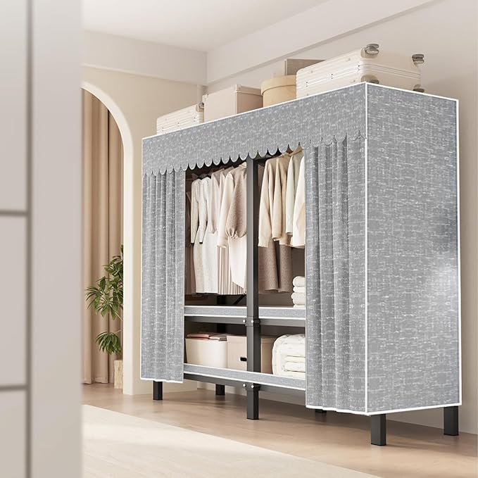 FPIGSHS Heavy Duty Clothes Rack with Cover Foldable Covered Clothes Rack for Hanging Clothes portable Wardrobe Closet System Freestanding Coat Storage Garment Racks for bedroom (grey, 66.1in)