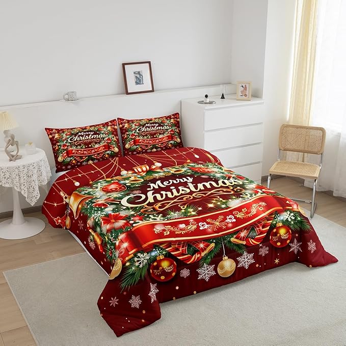 Merry Christmas Comforter Set for Twin Size, Kids Bedding Set with Xmas Wreath & Snowflake Pattern, Glitter Quilt Set of 2, Duvet Insert with 1 Pillowcase