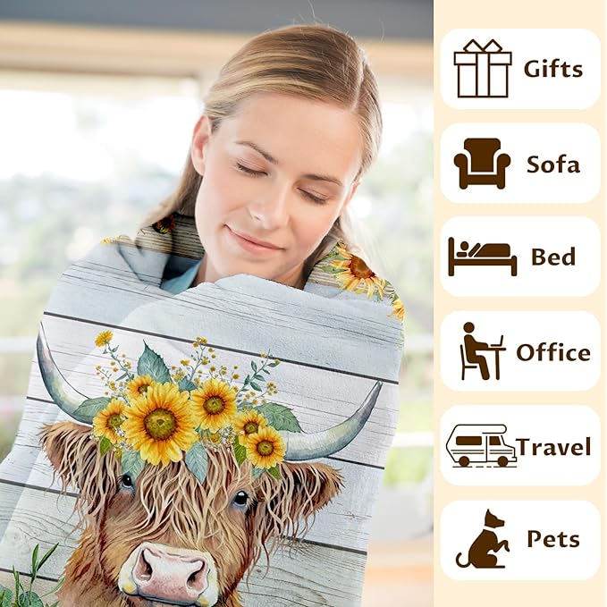 Highland Cow Blanket for Adults, 80x60 Inches Aesthetic Yellow Sunflower Throw Blanket Decor for Bed Couch Sofa
