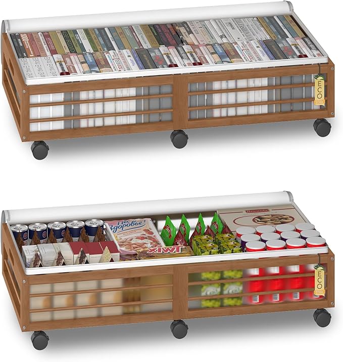 Bamboo Underbed Storage Containers with Wheels & Bag 2 Pack, Large Under Bed Rolling Storage Bins Wood Under Bed Clothes Storage Stackable Drawers for Bedroom Closet Under Crib Toy(Walnut)