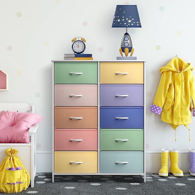 Sorbus Kids Dresser with 10 Drawers - Storage Unit Organizer Chest for Clothes - Bedroom, Kids Room, Nursery, & Closet - Steel Frame, Wood Top & Handles, and Easy Pull Fabric Bins