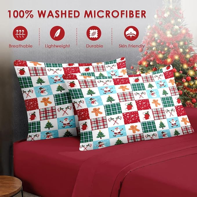 7 Pcs Full Size Christmas Comforter Set with 2 Pillowcases & 2 Shams, Colorful Plaid Snowman Bedding for Kids and Adults, Cute Gingerbread Man Bed in a Bag with Flat Fitted Sheet