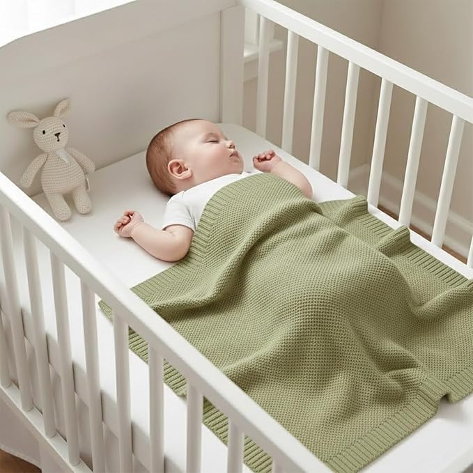 Baby Knit Blanket Soft Cotton Lightweight Newborn Blanket for Crib Stroller Toddler Nursery Shower Gift Cozy Breathable Travel Swaddle Wrap Sage Green 30 x 40 Inches