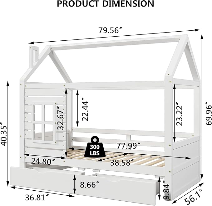 Aoowow Full Size Kids House Bed with 2 Drawers, Wooden Full Bed Frame with Window and Roof for Bedroom, Modern Full Size Kid Playhouse Daybed with Slats for Boys Girls, Can be Decorated, Full-White