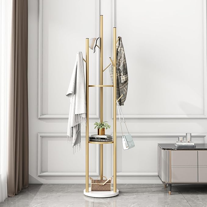 Gold Coat Racks Freestanding with 9 Hooks, Metal Coat Stand with Heavy Marble Base, Entryway Coat Tree Hanger, Purses Racks