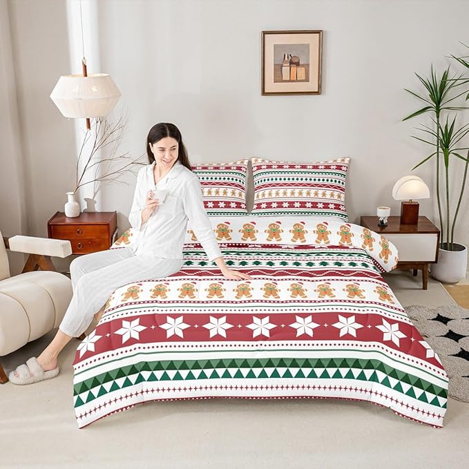 Feelyou Merry Christmas Bedding Set Soft for Boys Girls, Gingerbread Man Comforter Set Full Size Duvet Quilt Microfiber Striped Bedroom Decor 3 Pcs with 2 Pillow Cases