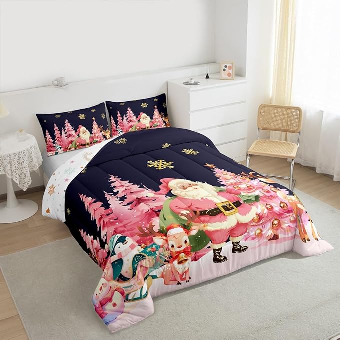 jejeloiu Merry Christmas Comforter Set King Size Santa Claus Bedding Set for Kids Boys Girls Cute Deer Duvet Quilt Dark Blue Bedroom Decor