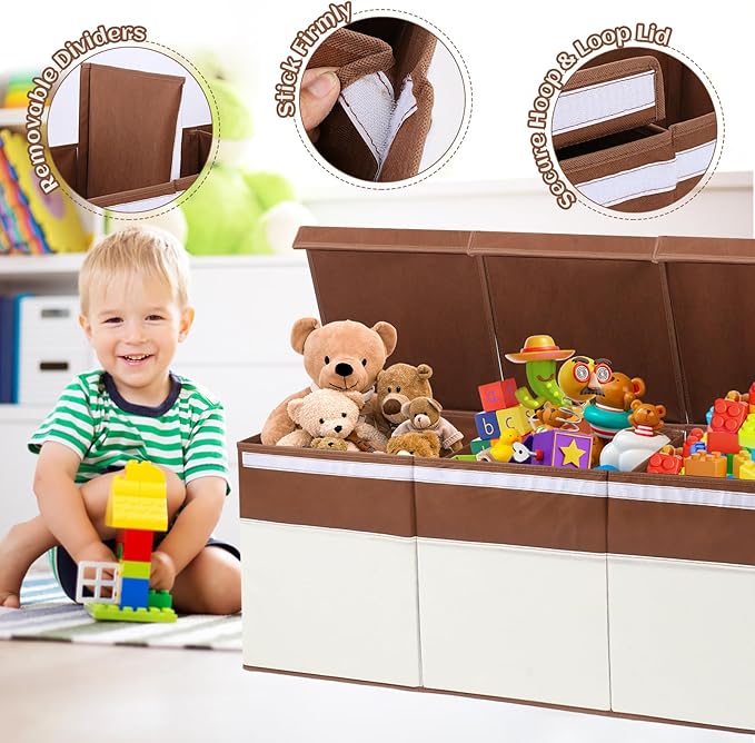 Extra Large Toy Box with Lids, Collapsible Toy Storage Organizer with Divider for Kids, Sturdy Toy Chest for Bedroom, Nursery, Living Room, Playroom, 40"x14"x16", White & Brown