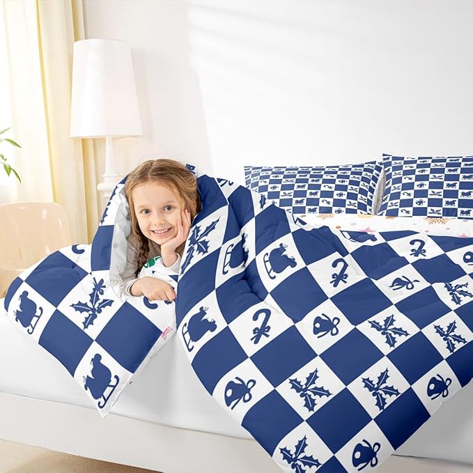 Feelyou Christmas Comforter Set All Season Checkered Pattern Bedding Set with 1 Pillow Cases Holiday Theme Kids Toddler Bedclothes Xmas Decor Room Decor Blue Duvet Quilt Breathable Soft Lightweight