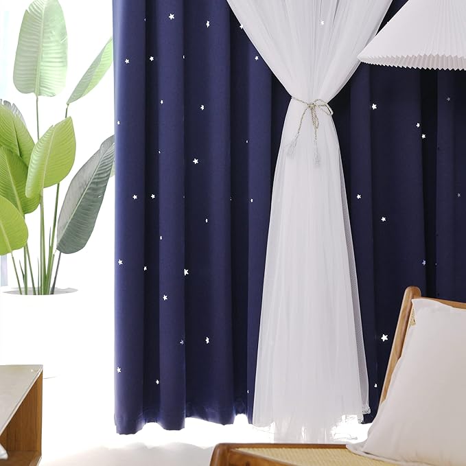 Kinryb Kids Star Cutout Curtains for Bedroom/Living Room/Classroom,2 Free Tiebacks Sheer Overlay 2 Panel Set, Double Layer Curtains for Kids Room(Each Piece W70xL84 Inches 2 Pcs Navy Blue)