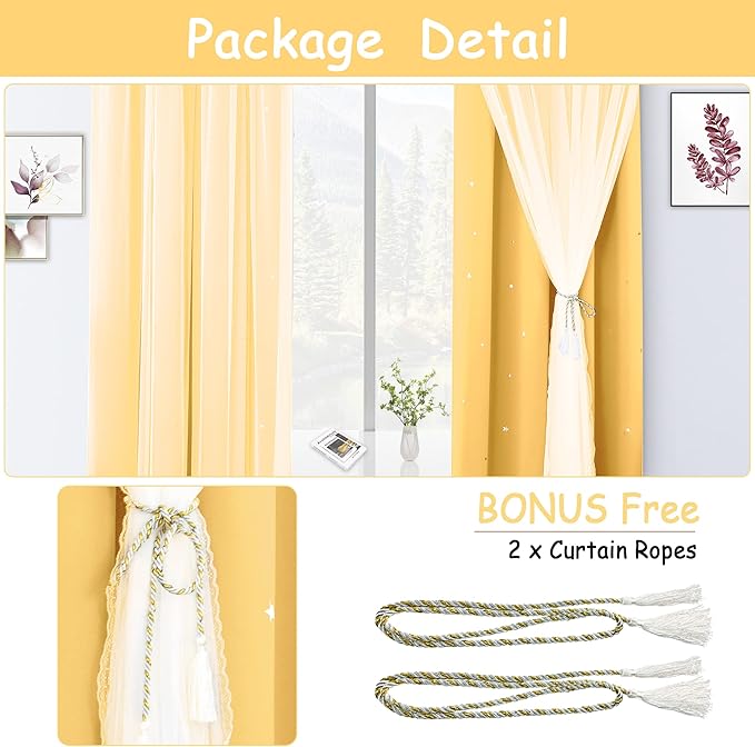 Kinryb Kids Blackout Curtains for Bedroom/Living Room/Classroom, Sheer Overlay 72 Inches 2 Panel Set, Double Layer Curtains with Star Cutout for Kids Room(W 52 x L 72 Inches,Yellow 2 Pcs)