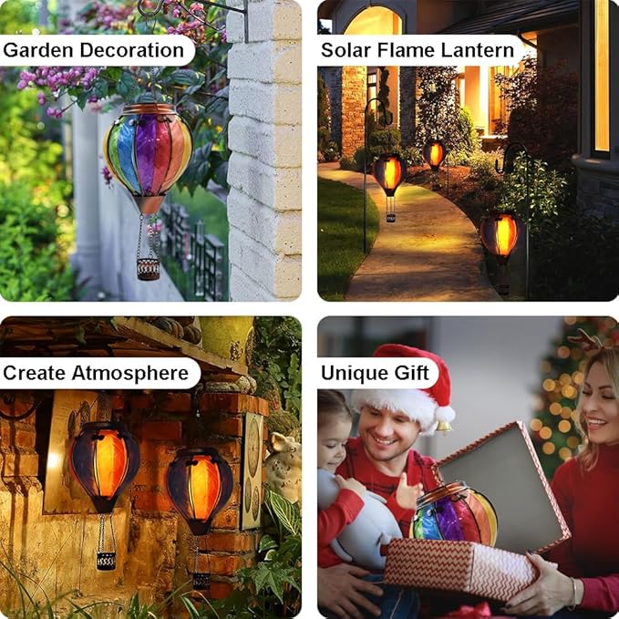 2PCS Solar Hot Air Balloon Lanterns with Flame with Shepherd's Hooks, Glass Hanging Flickering Lights Outdoor Waterproof for Garden Tree Yard Patio Mother's Day Gift, 18" H Colorful