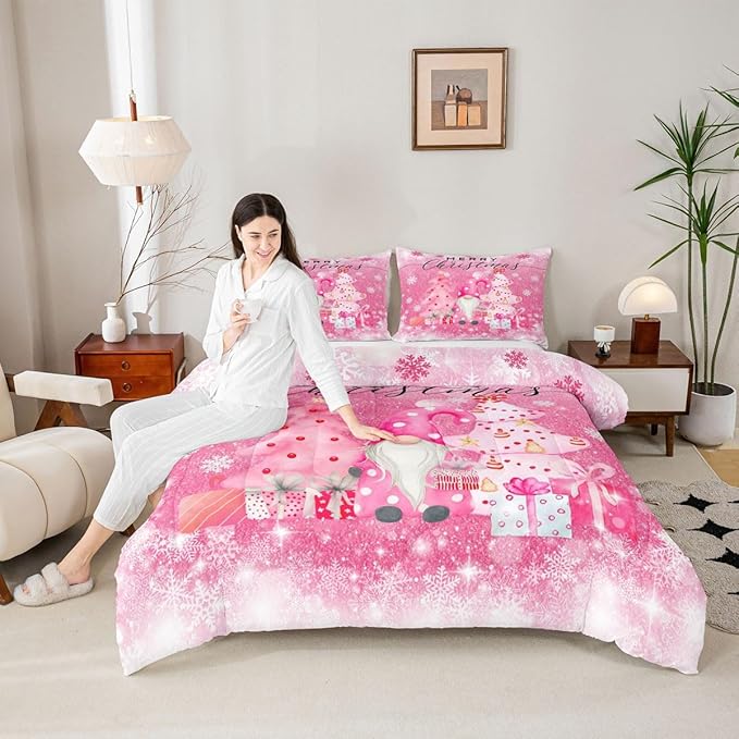 Castle Fairy Girly Christmas Comforter Set King Size,Pink Gnome Xmas Pine Trees Gift Bedding Set All Season Quilt Set,Snowflake Stars Glitter Sparkling Microfiber Polyester Down Comforter