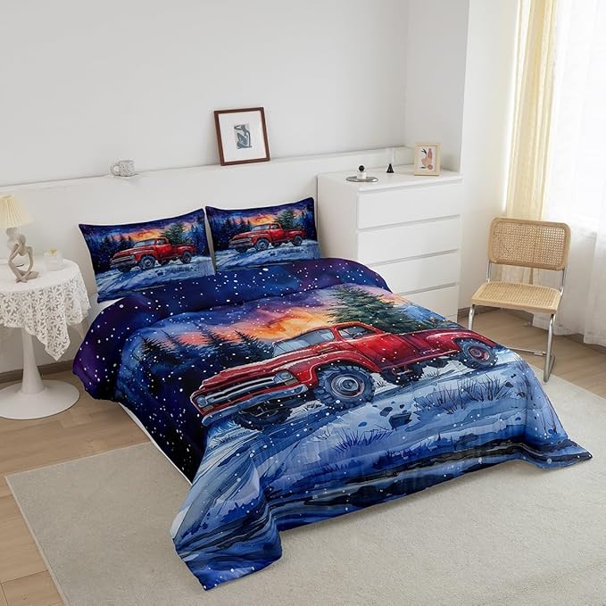 Red Truck Kids Bedding Set Full Size,Christmas Tree Snowflake Comforter Set for Teens Boys Girls Room Decor,Woodland Nature Scenery Duvet Insert 3Pcs,Merry Christmas Theme Quilt Set,2 Pillowcases