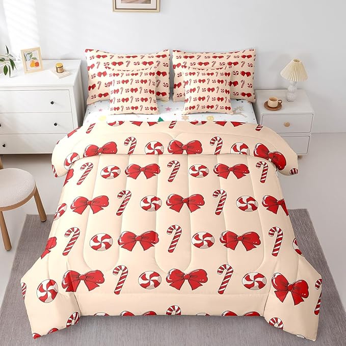 Feelyou Red Christmas Girly Comforter Set with Sheets Kids Christmas Bowknot Bedding Set Boys Girls Bow Candy Decor Bed in a Bag Xmas Theme Bed Set Bedroom King Size
