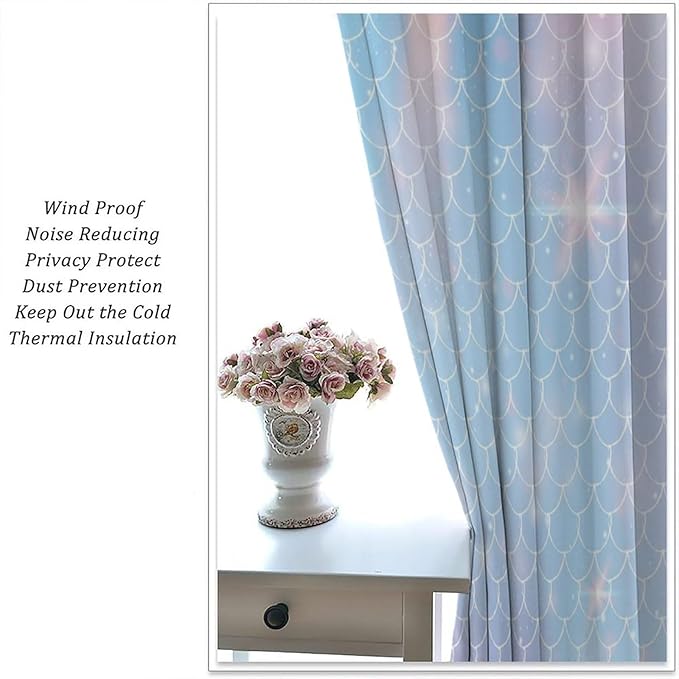 Mermaid Curtains, Kids Cartoon Watercolor Sea Animals Mermaid Princess Scales Pattern Print Living Room Decoration for Kids Girls Bedroom Nursery 63x72 Inch