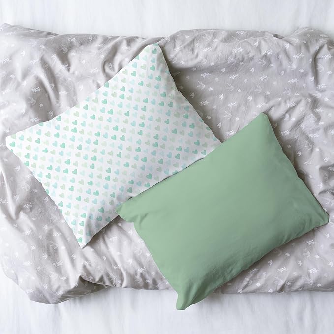 Little Sleepy Head Youth Pillow with Pillowcase 16x22, Jumbo Toddler Pillows, Hypoallergenic Pillowcase - Best Kids Pillows for Sleeping, Perfect Kids Travel Pillow (Hearts Sage)