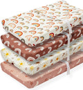 4 Pack Boho Nursery Sheets - Sunshine and Rainbow Design, Neutral Unisex Fitted Baby Changing Pad Cover Sheets for Baby Boys or Girls