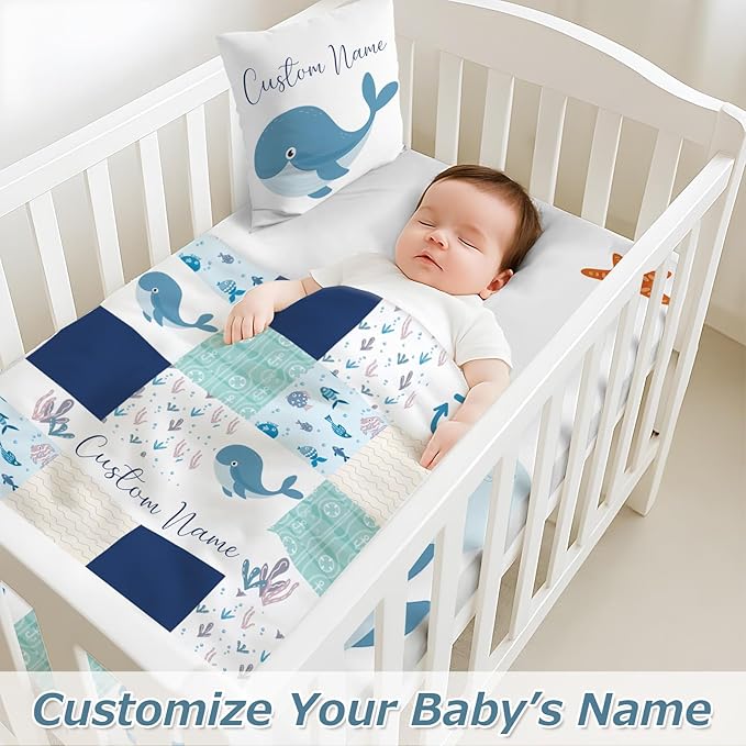 Personalized Baby Crib Bedding Set,3 Piece Custom Name Nursery Set with Blanket, Fitted Sheet & Pillowcase for Baby Girls & Boys, Ocean Wonders Theme(Fixed Size)