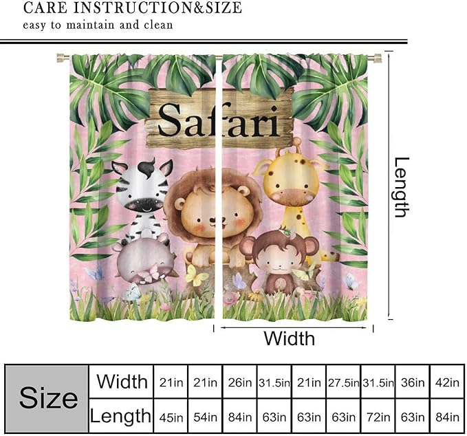 Kids Safari Animals Curtains, Cartoon Wildlife Tropical Leaf Pink Blackout Window Treatments, Rod Pocket Thermal Insulated Drapes 2 Panel Sets for Bedroom Nursery Classroom, 42" W X 45" L