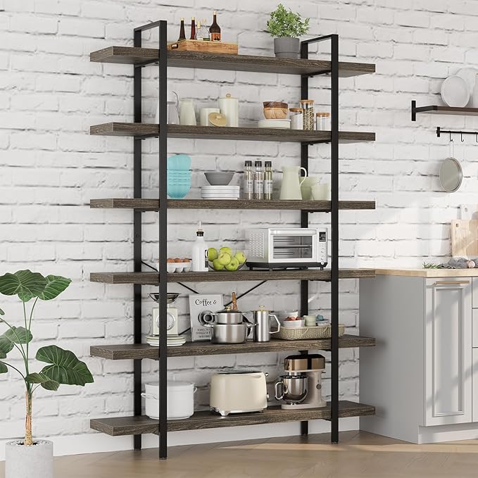 Bookcase, 47 Inch Wide Wood Bookshelf, 120lbs Shelf Capacity Estante, Rustic Open Shelving Industrial Display with Reinforced Horizontal Shelves for Living Room Bedroom Office (6 Tier - Grey)