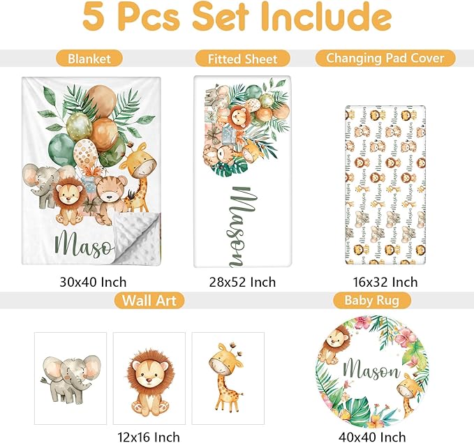 Personalized Baby Bedding Set, 5 Pcs Custom Name Baby Crib Sets, Safari Animal Crib Bedding Set for Baby Boys Girls, Double Layer Flannel Nursery Bedding Set, Toddlers Infants Customized Gifts