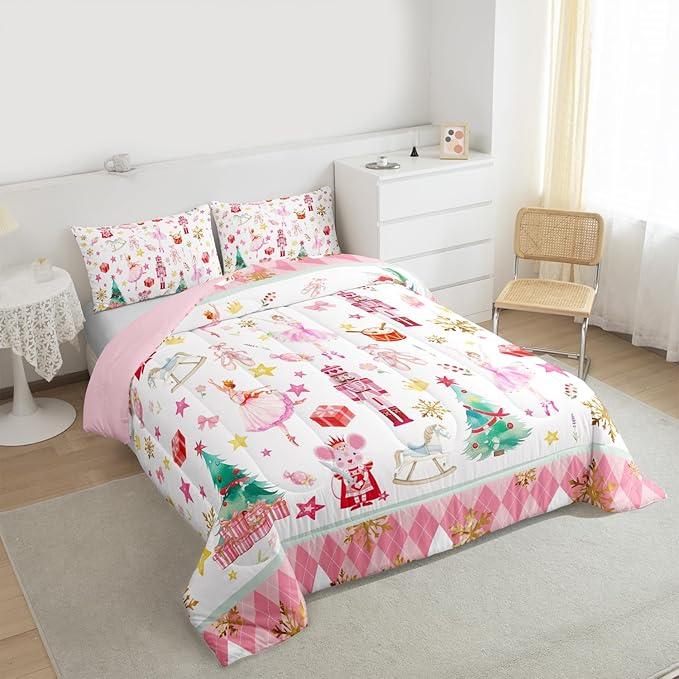 Feelyou Pink Christmas Kids Comforter Set King Size Ballet Nutcracker Bedding Set Snowflake Duvet Quilt for Kids Boys Girls Bedroom Decor Microfiber Ultra Soft Breathable