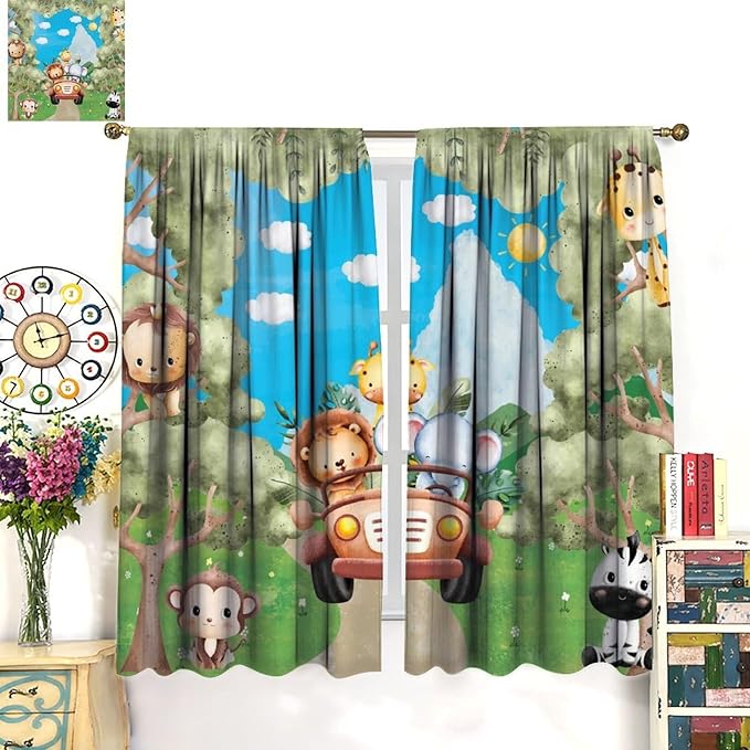 Jungle Animals Curtains, Cartoon Safari Animals Tropical Forest Leaf Blackout Window Treatments, Rod Pocket Thermal Insulated Drapes 2 Panel Sets for Kids Bedroom Nursery Classroom, 63"W X 72"L