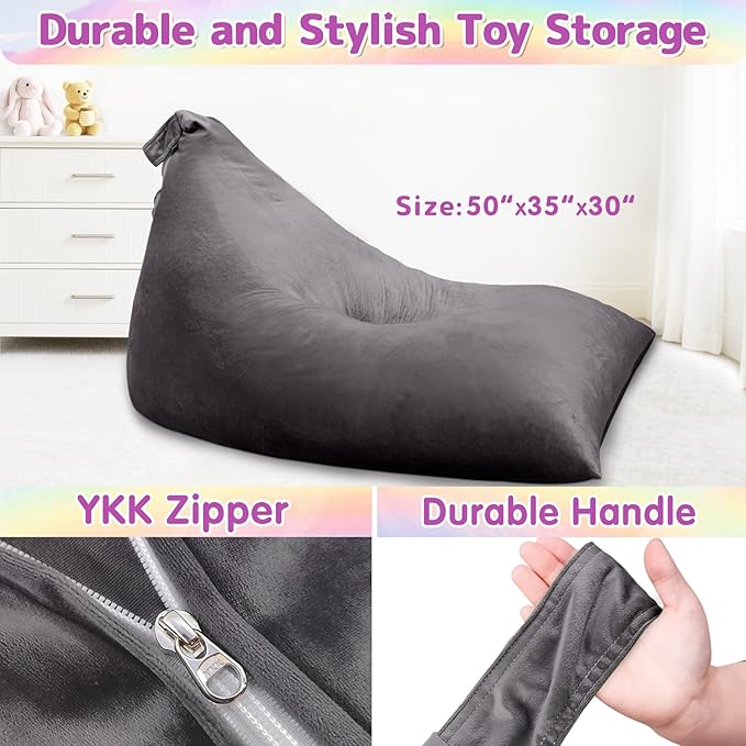 Stuffed Animal Storage Bean Bag Chair for Kids and Adults, Stuffed Animal Bean Bag Storage, Luxury Velvet Stuffie Seat - COVER ONLY(Dark Grey 200 L/52 Gal)