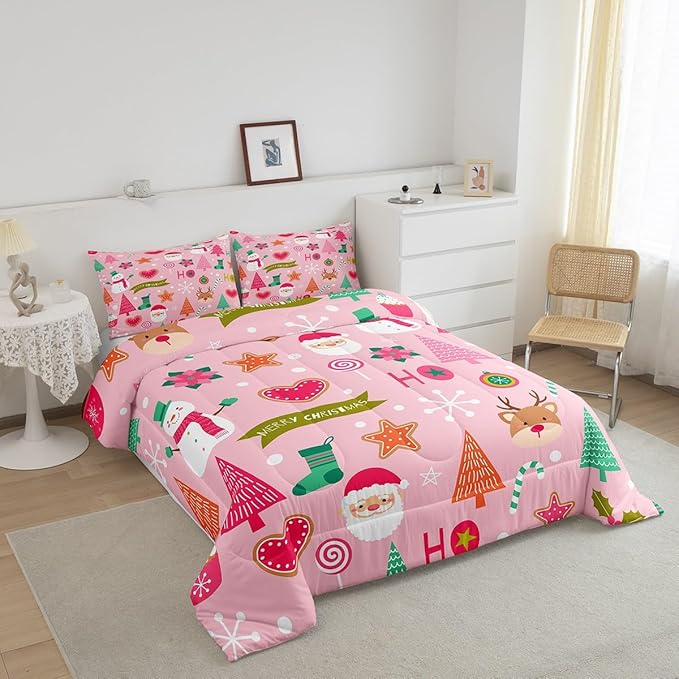 Merry Christmas Kids Comforter Set Full Size,Cute Santa Claus Snowman Deer Bedding Set,Boys Girls Adults Room Decor,Snowflake Christmas Trees Down Comforter,Pink Xmas Duvet Insert,2 Pillowcases