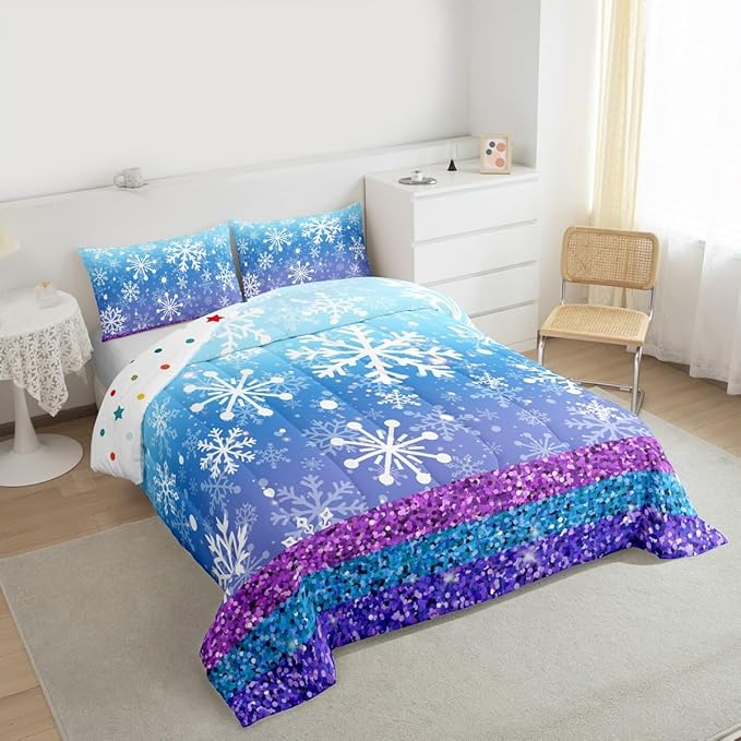 Feelyou Winter Snowflake Comforter Set All Season Glitter Print Bedding Set with 2 Pillow Cases Christmas Microfiber Kids Queen Bedclothes Holiday New Year Bedroom Decor Duvet Quilt Soft Lightweight