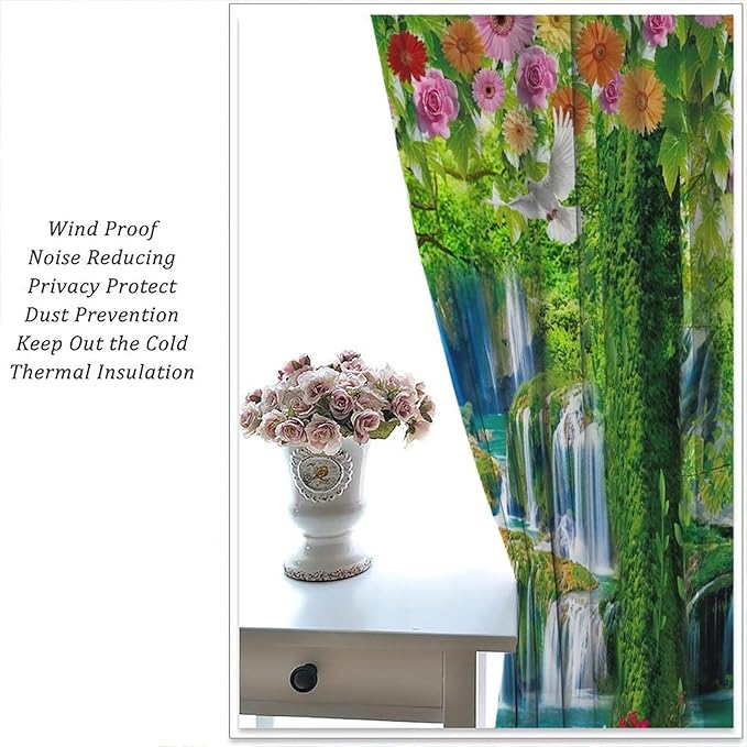 Jungle Nature Blackout Window Curtains, Trees Scenic Waterfall and River Spring Pattern Print Window Drapes, for Living Room Bedroom 72x63in 2 Panels