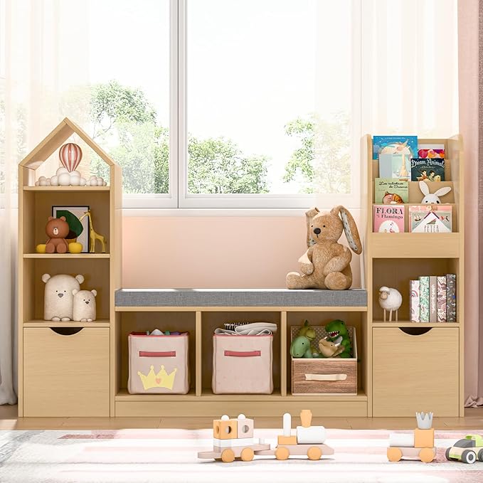 Kids Bookcase with Reading Nook, Bench Kids Bookshelf with 7 Storage Cubbies and 2 Movable Drawers, Multi-Purpose Toy Storage Organizer with Seat Cushion for Playroom, Bedroom, Living Room, Oak