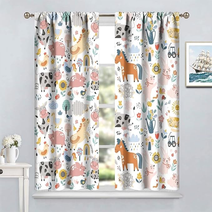 Farm Animal Curtains for Kids, Cartoon Cute Wild Animal Window Treatments Woodland Farmhouse Cow Horse Pig Window Drapes for Girls Boys Nursery Toddler Bedroom 63x63in