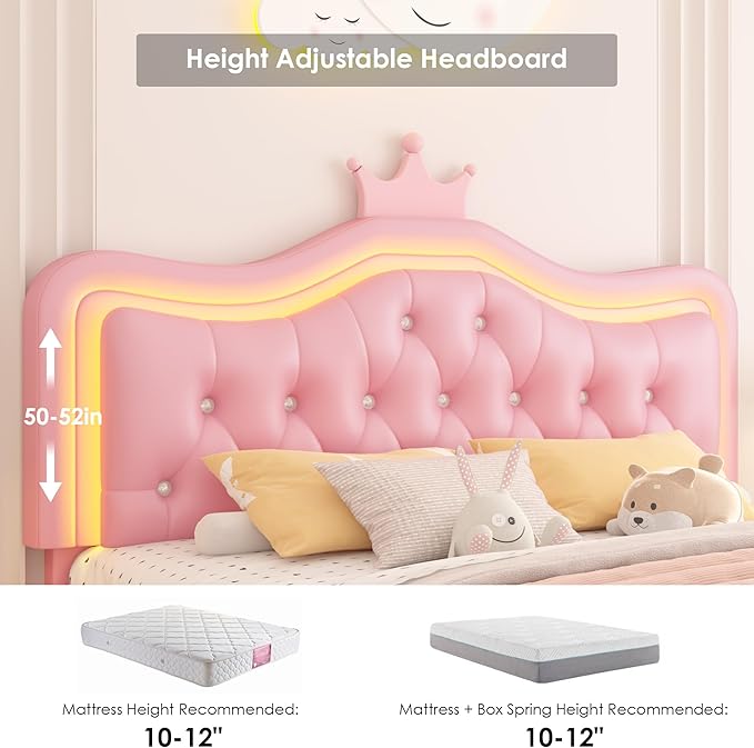Keyluv Full Upholstered LED Bed Frame with Storage Drawer, Leather Princess Platform Bed with Adjustable Crystal Button Tufted Crown Headboard, Solid Wooden Slats Support, No Box Spring Needed, Pink
