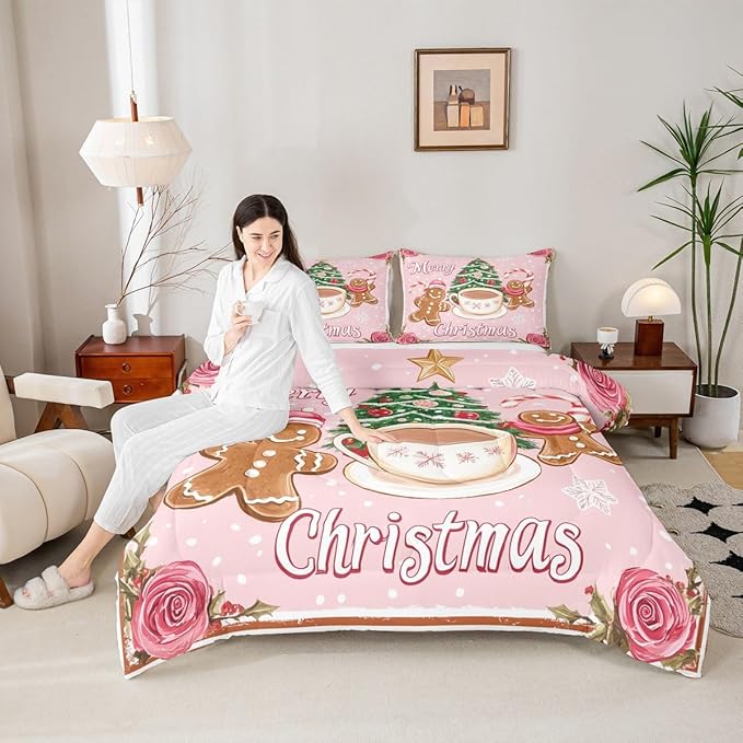 Feelyou Merry Christmas Comforter Set Toddler Size Gingerbread Man Bedding Set for Kids Boys Girls Xmas Duvet Quilt Christmas Decor Bedroom Decor Microfiber 2 Pcs with 1 Pillow Cases