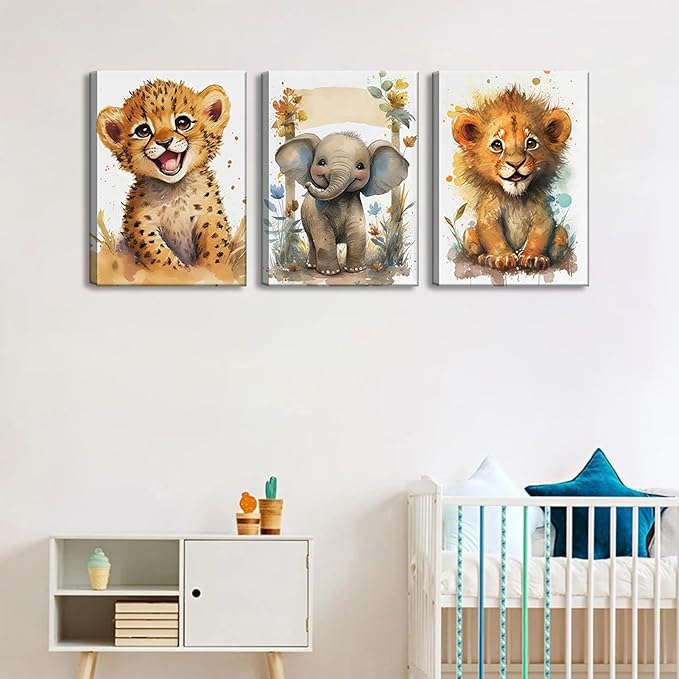 HKMXCD 3Pcs Baby Safari Animal Canvas Wall Art Jungle Watercolor Animal Wall Decor Picture Lovely Painting Artwork Kids Room Prints for Boy Girl Room Home decoration 12x16in