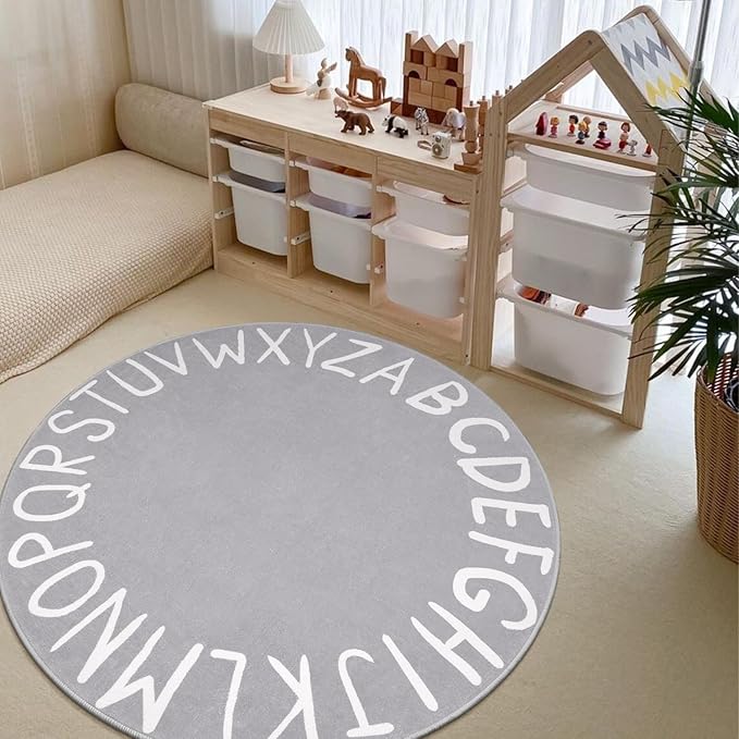LIVEBOX ABC Play Room Round Rug for Kids Bedroom, Alphabet Area Rug Circle Washable Rug for Playroom Classroom Tent, Non-Slip Crawling Mat Circular Learning Carpet for Teen Boys and Girls (59",Grey)