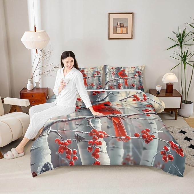 jejeloiu Kids Red Cardinal Comforter Set Full Size Christmas Theme Bedding Set for Boys Girls Teens Xmas Birds Winter Rustic Country Farm Animal Duvet Quilt Room Decor