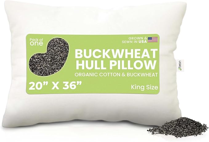 Bean Products 20" x 36" King Bed Pillow for Sleeping – Organic Buckwheat Fill with Organic Cotton Fabric, Soft Head Pillow – Eco-Friendly, Breathable, and Durable Sleep Aid, Made in The USA
