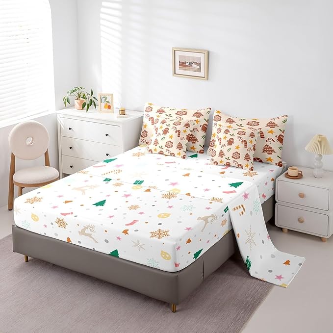 Merry Christmas Kids Bedding Set Xmas Theme Comforter Set with Sheets for Boys Girls Cartoon Gingerbread Man Christmas Tree Decor Bed in a Bag Brown Bed Set 7Pcs Queen Size