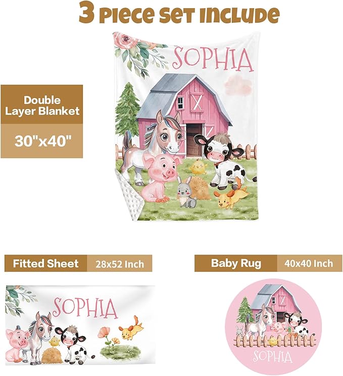Custom Baby Crib Bedding Set, 3 Pcs Personalized Nursery Bedding Set with Name, Soft Baby Bedding Crib Sets with Blanket - Toddler Crib Sets for Girls Boys, Infant Newborn Gifts, Farm Animals